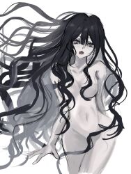 1girl akai_ringo_(eveyuno) black_hair fangs highres long_hair looking_at_viewer nude open_mouth original standing wavy_hair white_background