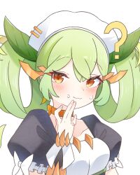 1girl 2657314861 ? blush breasts closed_mouth collarbone dragon_girl dragon_horns duel_monster frilled_hairband frilled_sleeves frills green_hair hairband highres horns long_hair looking_at_viewer maid maid_headdress medium_breasts orange_eyes parlor_dragonmaid puffy_short_sleeves puffy_sleeves short_sleeves simple_background smile solo sweat white_background yu-gi-oh!