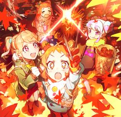 Rule 34 | + +, 4girls, :d, :o, :p, aikatsu!, aikatsu! (series), aikatsu on parade!, aikatsu stars!, apple, apple hair ornament, arisugawa otome, arm up, autumn, autumn leaves, bell, blue hair, blunt bangs, blush, boots, bow, chestnut, clenched hands, coat, commentary request, cone hair bun, crying, denim, double bun, donut hair bun, falling leaves, fang, food, food-themed hair ornament, from above, fruit, fur-trimmed jacket, fur trim, gloves, hair bow, hair bun, hair ornament, hanazono kirara, highres, jacket, jeans, jingle bell, leaf, lens flare, light blue hair, light brown hair, long hair, looking at viewer, maple leaf, multicolored hair, multiple girls, natsuki mikuru, open mouth, orange hair, pants, pink hair, saotome ako, scarf, short hair, sitting, skin fang, smile, smiley face, star (symbol), star hair ornament, streaked hair, sweater, symbol-shaped pupils, t t, tears, teeth, tongue, tongue out, translation request, turtleneck, turtleneck sweater, two side up, upper teeth only, v-shaped eyebrows, wariza, wata (attaka towel)