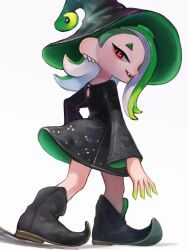 1girl black_dress black_footwear black_hat cephalopod_eyes dress earrings full_body green_hair green_hat hair_over_one_eye hat highres jewelry long_hair looking_at_viewer multiple_earrings nintendo octoling oekakirisuke official_alternate_costume open_mouth red_eyes red_pupils shiver_(splatoon) short_eyebrows simple_background smile solo splatoon_(series) splatoon_3 standing tentacle_hair thick_eyebrows tooth_earrings white_background witch_hat