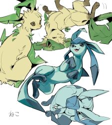 blue_eyes blue_fur brown_eyes curled_up full_body gen_4_pokemon glaceon green_fur highres leaf leafeon motion_lines multiple_views nintendo no_humans open_mouth pokemon pokemon_(creature) pokemon_focus simple_background tail white_background wintom yellow_fur