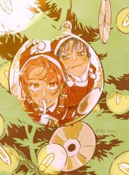 2girls arai_sumiko black_hair cd christmas christmas_tree commentary earrings finger_to_mouth gloves hand_on_another&#039;s_face hat highres hoop_earrings jewelry kininatteru_hito_ga_otoko_ja_nakatta koga_mitsuki multiple_girls oosawa_aya pink_hair red_hat reflection reflection_focus santa_costume santa_hat shushing symbol-only_commentary twitter_username white_gloves