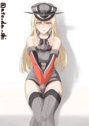 Rule 34 | 1girl, absurdres, anchor choker, atodashi, bare shoulders, bismarck (kancolle), blonde hair, blue eyes, breasts, brown gloves, collar, detached sleeves, gloves, grey thighhighs, hair between eyes, hat, highres, kantai collection, large breasts, long hair, metal collar, military hat, military uniform, peaked cap, solo, thighhighs