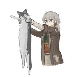 1other animal armpit_carry brown_hair brown_jacket cat closed_mouth cropped_torso dot_mouth green_vest grey_hair highres holding holding_animal holding_cat jacket longcat_(meme) looking_at_animal medicine_pocket medicine_pocket_(the_cosmos_photographer) medium_hair meme multicolored_hair official_alternate_costume outstretched_arms red_vest reverse:1999 sleeve_rolled_up solo sweater_vest towano_(0qjftwn) two-tone_hair two-tone_vest upper_body vest white_background yellow_eyes