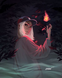 1girl adidas baseball_cap black_eyes commentary dark-skinned_female dark_skin enemi english_commentary fire fog from_behind grey_sweater hat highres leaf looking_back medium_hair original pyrokinesis signature solo sweater upper_body white_hair