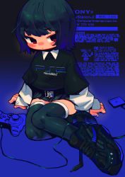 1girl absurdres ahoge belt black_hair blunt_bangs bob_cut closed_mouth collared_shirt controller female_focus game_console game_controller gradient_background highres long_sleeves looking_at_viewer miniskirt more_e_4km original playstation_2 red_eyes reebok shirt shoes short_hair sidelocks simple_background skirt sleeve_cuffs sneakers solo sweater thighhighs thighs video_game