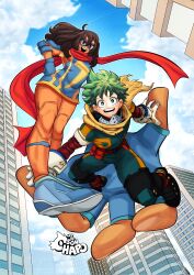 1boy 1girl black_boots boku_no_hero_academia boots brown_eyes brown_hair building crossover dark-skinned_female dark_skin domino_mask enlargement fingerless_gloves freckles gloves green_eyes green_hair kamala_khan marvel marvel_tokon:_fighting_souls mask medium_hair midoriya_izuku ms._marvel red_scarf scarf skyscraper smile sonchapo superhero_costume tan white_gloves yellow_scarf