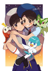 1boy 1girl absurdres black_footwear blue_headwear blush border braid breast_pocket brown_eyes brown_hair carrying closed_mouth collared_shirt commentary_request florian_(pokemon) frown fuecoco game_freak grin hat highres holding_hands juliana_(pokemon) looking_at_viewer nai_gai_hongcha necktie nintendo on_shoulder outside_border piggyback pocket pokemon pokemon_(creature) pokemon_on_shoulder pokemon_sv quaxly shirt shoes short_sleeves shorts single_braid smile socks split_mouth sprigatito starter_pokemon_trio striped_clothes striped_socks teeth white_border white_legwear