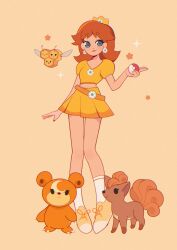 Rule 34 | 1girl, absurdres, blue eyes, brown hair, combee, commentary, company connection, crossover, crown, dress, earrings, english commentary, flipped hair, flower earrings, gen 1 pokemon, gen 2 pokemon, gen 4 pokemon, highres, holding, holding poke ball, jewelry, long hair, looking at viewer, mario (series), milkoe, miniskirt, nintendo, poke ball, poke ball (basic), pokemon, pokemon (creature), princess daisy, shirt, shoes, short sleeves, simple background, skirt, smile, socks, sparkle, star (symbol), teddiursa, vulpix, white socks, yellow shirt, yellow skirt