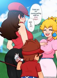 1boy 2girls annoyed ass blonde_hair blush breasts brown_hair closed_eyes donkey_kong_(series) ear_piercing english_text from_behind golf golf_club golf_pauline golf_peach grabbing_another&#039;s_ass groping highres holding holding_golf_club long_hair looking_at_viewer looking_back mario mario_(series) mario_golf mario_golf:_super_rush multiple_girls nintendo open_mouth pauline_(mario) piercing princess_peach scocks4you size smile speech_bubble sweatdrop