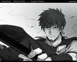 1boy cape closed_mouth facial_hair fate/grand_order fate_(series) fingernails goatee greyscale hector_(fate) holding holding_polearm holding_weapon looking_at_viewer male_focus mature_male mogula71 monochrome polearm ponytail prosthesis prosthetic_arm solo song_name tunic twitter_username weapon