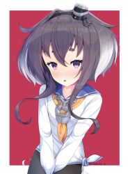 Rule 34 | 1girl, anchor, anchor necklace, anchor symbol, black hair, black pantyhose, blue sailor collar, blush, brown eyes, dress, gradient hair, grey hair, hairband, hat, highres, jewelry, kantai collection, long shirt, long sleeves, mini hat, multicolored hair, nakatsurugi (kasegawa makase), neckerchief, necklace, open mouth, pantyhose, red background, sailor collar, sailor dress, school uniform, shirt, short hair, short hair with long locks, smokestack hair ornament, solo, tied dress, tied shirt, tokitsukaze (kancolle), twitter username, white background, yellow neckerchief