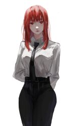 1girl arms_behind_back black_necktie black_pants chainsaw_man closed_mouth collared_shirt formal_clothes highres looking_at_viewer makima_(chainsaw_man) necktie pant_suit pants red_eyes red_hair shirt shirt_tucked_in simple_background solo suit ushi_yo white_background white_shirt