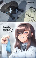1girl 1other arknights black_bow black_hairband black_jacket blue_eyes blue_panties bow bow_panties brown_hair doctor_(arknights) grin hairband highres holding holding_panties holding_underwear holding_unworn_clothes hood hooded_jacket jacket long_hair long_sleeves lying meme_request okami_san_art on_stomach panties priestess_(arknights) shadow sidelocks smile spoilers stethoscope underwear unworn_clothes unworn_panties upper_body