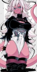 1girl 2b_(nier:automata) 2b_(nier:automata)_(cosplay) android_21 artist_name blue_eyes blush bracelet breasts cleavage cleavage_cutout clothing_cutout colored_skin cosplay curvy dragon_ball dragon_ball_fighterz earrings feather-trimmed_sleeves gloves highleg highleg_leotard jewelry kinakomochi_(user_vedc2333) leotard long_hair looking_at_viewer majin_android_21 navel nier:automata nier_(series) pink_skin skindentation solo tail thighhighs turtleneck very_long_hair white_hair wide_hips
