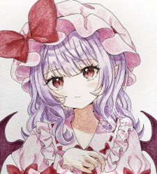 1girl bat_wings brown_eyes hat jaku_sono medium_hair mob_cap pink_hat pink_shirt pointy_ears purple_hair remilia_scarlet shirt solo touhou upper_body wings
