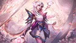 1girl absurdres aizukie apron bare_shoulders blue_sailor_collar cherry_blossoms earrings facial_mark floating_hair flower hair_flower hair_ornament heart heart_facial_mark highres holding holding_staff jewelry league_of_legends long_hair lux_(league_of_legends) official_art open_mouth pink_thighhighs prestige_spirit_blossom_lux purple_eyes sailor_collar snowing solo staff thighhighs waist_apron white_hair