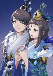 1boy 1girl brown_hair duel_monster highres shinobaron_peacock shinobaroness_peacock sky smile star_(sky) starry_sky starry_sky_background yu-gi-oh! yu-gi-oh!_duel_monsters