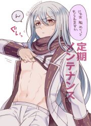 1boy :&lt; abs blush brown_scarf clothes_lift coat commentary_request earrings glasses grey_hair hair_between_eyes highres ichinose_kazuma jewelry kinococcos long_hair male_focus multiple_rings navel pants red_eyes ring scarf shirt_lift solo sweatdrop toned toned_male translation_request tribe_nine twitter_username white_coat white_pants