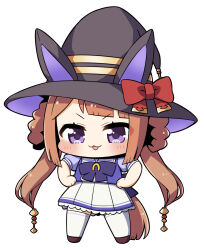 1girl :3 :d animal_ears black_hat blunt_bangs blunt_sidelocks blush bow bowtie brown_hair brown_shoes chibi chibi_only commentary_request ears_through_headwear full_body hands_on_own_hips hat highres horse_ears horse_girl horse_tail horseshoe_ornament long_hair looking_at_viewer open_mouth pleated_skirt plover purple_bow purple_bowtie purple_eyes purple_shirt sailor_collar school_uniform shirt shoes short_sleeves sidelocks simple_background skirt smile solo standing summer_uniform sweep_tosho_(umamusume) tail thighhighs tracen_school_uniform umamusume v-shaped_eyebrows very_long_hair white_background white_sailor_collar white_skirt white_thighhighs witch_hat