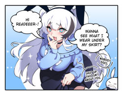 1girl animal_ear_hairband animal_ears black_choker black_hair black_nails black_skirt blouse blue_eyes blue_shirt bow breasts bright_pupils choker english_text fake_animal_ears fang fuya_(tempupupu) hairband long_hair long_sleeves merryweather multicolored_hair open_mouth original pleated_skirt rabbit_ear_hairband rabbit_ears sally_sinclair shirt skirt sparkle speech_bubble streaked_hair white_bow white_hair white_pupils
