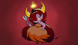 1girl absurdres colored_sclera colored_skin dress fire full_body hair_over_one_eye hekapoo highres holding holding_scissors horns jupiter9099 long_hair orange_eyes pointy_ears scissors solo spiked_arm star_vs_the_forces_of_evil very_long_hair white_skin yellow_sclera