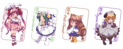 4girls absurdres ahoge animal_ears animal_hat apron armband bare_shoulders bell black_shoes blonde_hair bloomers blue_bow blue_bowtie blue_dress blue_sailor_collar blue_shorts bow bowtie brown_eyes brown_hair brown_pantyhose cat_girl cat_hat cat_tail character_name choker chromatic_aberration commentary_request dejiko detached_sleeves di_gi_charat dice_hair_ornament dress flipped_hair flower full_body green_eyes green_hair grey_apron grey_bloomers grey_dress grey_hat hair_bell hair_bow hair_ornament hat hat_flower high-waist_skirt highres incredibly_absurdres index_finger_raised jingle_bell long_hair long_sleeves looking_at_viewer low_twintails mary_janes medium_hair mittens multiple_girls neck_bell nurse_cap off-shoulder_shirt off_shoulder one_eye_closed open_mouth panda_ears pantyhose parted_bangs petticoat pink_eyes pink_hair pink_ribbon pink_skirt piyoko pointing pointing_at_self puchiko puffy_detached_sleeves puffy_sleeves rabbit_ears red_armband red_bow red_ribbon red_shoes ribbon ribbon_choker sailor_collar sailor_shirt shirt shoes shorts skirt sleeveless sleeveless_shirt smile socks standing striped_clothes striped_dress tail tail_bow tail_ornament twintails underwear usada_hikaru v very_long_hair wadante white_apron white_hat white_mittens white_shirt white_shoes white_sleeves white_socks wrist_ribbon yellow_hat yellow_shoes