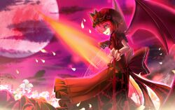 Rule 34 | 1girl, alternate color, ascot, bat wings, black clouds, blood, blood sword, bow, dress, facing to the side, flower, frilled dress, frilled hat, frilled shirt collar, frilled sleeves, frills, hat, lily (flower), looking at viewer, m.u.g.e.n, magic circle, mob cap, night, purple sky, red ascot, red dress, red eyes, red hair, red theme, remilia scarlet, ribbon trim, s remilia, side-eyed, sky, spear the gungnir, touhou, waist bow, weapon, white flower, wings, yuu sagi