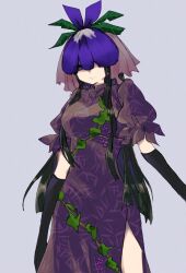 1girl absurdres black_gloves black_hair breasts china_dress chinese_clothes closed_mouth commentary cowboy_shot dress elbow_gloves english_commentary flower flower_on_head food_print fruit_print gloves grape_print grey_background highres large_breasts leaf_print long_hair mandarin_collar puffy_short_sleeves puffy_sleeves purple_dress purple_eyes purple_flower short_sleeves sidelocks simple_background smile solo standing touhou veil yomotsu_hisami zabuton_(mgdw5574)