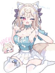 &gt;o&lt; 2girls ;o absurdres animal_ears black_bow blonde_hair blue_hair blue_shirt bow braid breasts cleavage commentary detached_collar dog_ears dog_girl dog_tail food fuwawa_abyssgard fuwawa_abyssgard_(casual) highres hoeh_(meme) hololive hololive_english huge_breasts ice_cream long_hair meme messy mococo_abyssgard multicolored_hair multiple_girls official_alternate_costume one_eye_closed pink_eyes pink_hair shirt simulated_bukkake simulated_facial sitting skirt streaked_hair suggestive_fluid tail thighhighs virtual_youtuber wariza white_background white_skirt white_thighhighs wristband yamiescupid