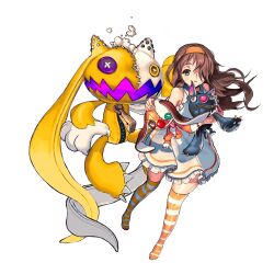 Rule 34 | 1girl, 1other, apron, artist request, brown hair, button eyes, buttons, cat, claws, destiny child, dog, dress, feet, flat chest, floating, full body, korra (destiny child), long hair, one eye covered, promotional art, puppet, puppeteering, serious, skirt, stitches, striped clothes, thighhighs, toy, transparent background, zipper
