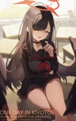 1girl absurdres arm_under_breasts black_choker black_hair black_sailor_collar black_shirt black_skirt black_wings blue_archive blush choker closed_eyes feathered_wings highres ichika_(blue_archive) lao_wo long_hair looking_at_viewer neckerchief open_mouth red_neckerchief sailor_collar shirt sidelocks sitting skirt solo wings
