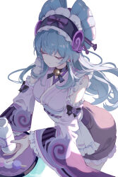 Rule 34 | 1girl, absurdres, apron, bell, black choker, blue hair, bow, breasts, choker, closed eyes, closed mouth, dango, dango milk (genshin impact), food, frilled hairband, frilled sleeves, frills, genshin impact, hairband, haru same322, highres, holding, japanese clothes, kimono, long hair, long sleeves, medium breasts, milk, neck bell, nihongami, obi, pink kimono, pointy ears, purple sash, purple tail, sash, sidelocks, simple background, sleeveless, sleeveless kimono, smile, solo, tail, tucking hair, very long hair, wagashi, white background, white hairband, wide sleeves, yumemizuki mizuki