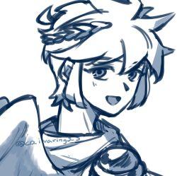 Rule 34 | 1boy, :d, ahoge, angel, artist name, kid icarus, kid icarus uprising, ko iwari ngo, laurel crown, looking at viewer, looking back, male focus, monochrome, nintendo, open mouth, pit (kid icarus), scarf, short hair, simple background, sketch, smile, spiked hair, thick eyelashes, twitter username, white background