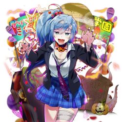 1girl baby_animal bird blue_eyes blue_hair blue_jacket blue_skirt breasts chick cleavage coffin fang jacket large_breasts long_hair nail_polish necktie piyokichi_(uchihime) plaid_clothes plaid_skirt poseidon_(uchihime) pumpkin purple_necktie rowe school_uniform side_ponytail skirt uchi_no_hime-sama_ga_ichiban_kawaii