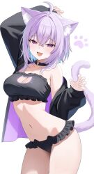 Rule 34 | 1girl, :d, absurdres, ahoge, animal ear fluff, animal ears, aqua hair, arm up, bikini, black bra, black choker, black jacket, black shirt, bra, breasts, cat bra, cat cutout, cat ear bikini, cat ear panties, cat ears, cat girl, cat lingerie, cat tail, choker, claw pose, cleavage, clothing cutout, collarbone, colored inner hair, commentary, duplicate, fang, frilled bra, frilled panties, frills, hair between eyes, heart collar, highres, hololive, jacket, large breasts, long sleeves, looking at viewer, medium breasts, medium hair, meme attire, multicolored hair, nannung, navel, nekomata okayu, o-ring, o-ring choker, open clothes, open mouth, open shirt, panties, paw print, paw print background, pink shirt, purple eyes, purple hair, purple tail, revision, shirt, short hair, simple background, smile, solo, stomach, swimsuit, tail, thighs, two-tone hair, two-tone shirt, underwear, virtual youtuber, white background