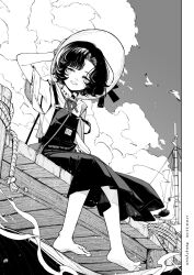 1girl barefoot bird cloud cloudy_sky feet greyscale hat highres looking_at_viewer monochrome num_(angrynum) original outdoors short_hair sitting sky smile solo water