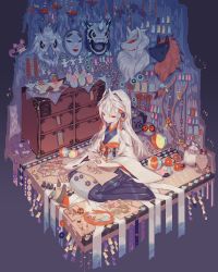 1girl alternate_color argyle bad_id bad_pixiv_id ball beachball black_hairband black_skirt bow_(weapon) branch charm cherry_blossoms chingling closed_mouth creatures_(company) cup doll drawer earrings flower food fox_mask full_body game_freak gen_1_pokemon gen_2_pokemon gen_3_pokemon gen_4_pokemon gen_5_pokemon glalie green_tea hair_between_eyes hair_ornament hair_ribbon hairband hakama hakama_skirt half-closed_eyes highres holding hoothoot indoors japanese_clothes jewelry kimono knife leaf light long_hair long_skirt long_sleeves looking_at_viewer magikarp mask mega_glalie mega_pokemon mochi ninetales nintendo noh_mask origami paint paper paper_crane personification pin pink_flower plant plate pleated_skirt pokemon pokemon_(creature) rattata red_eyes ribbon room sack sash sawk scroll shiftry shiny_clothes shiny_pokemon short_eyebrows shuppet sidelocks sitting skirt smile spinning_top spool steam suana tassel tea teruterubouzu thick_eyebrows tray unworn_mask wagashi wariza weapon white_hair whittling wide_sleeves wood wooden_floor zoroark