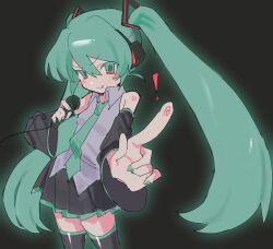 ! 1girl :q bare_shoulders black_skirt black_sleeves black_thighhighs blurry blush_stickers breasts closed_mouth collared_shirt cowboy_shot depth_of_field detached_sleeves fingerprint foreshortening glowing green_eyes green_hair green_nails green_necktie grey_shirt hair_between_eyes hair_ornament hatsune_miku headphones highres holding holding_microphone index_finger_raised licking_lips long_hair looking_at_viewer microphone miniskirt nail_polish necktie nial number_tattoo outstretched_arm pleated_skirt shirt shoulder_tattoo skirt sleeveless sleeveless_shirt small_breasts smile solo standing tattoo thighhighs tongue tongue_out twintails v-shaped_eyebrows very_long_hair vocaloid zettai_ryouiki