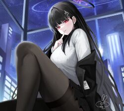 Rule 34 | 1girl, awa (awao141), black hair, black halo, black jacket, black pantyhose, black skirt, blue archive, breasts, bright pupils, city, commentary request, hair intakes, hair ornament, hairpin, halo, highres, index finger raised, jacket, knee up, large breasts, long hair, looking at viewer, miniskirt, night, night sky, pantyhose, pleated skirt, red eyes, rio (blue archive), signature, skirt, sky, smile, solo, sweater, white pupils, white sweater