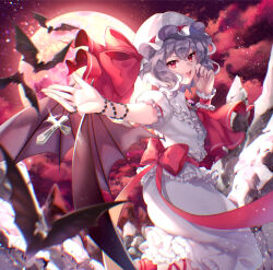 1623 1girl bat_(animal) bat_wings bow cloud commentary cross cross_necklace fang full_moon grey_hair hat huge_moon jewelry looking_at_viewer mob_cap moon necklace red_bow red_eyes red_moon remilia_scarlet shirt skirt smile solo touhou white_hat white_shirt white_skirt wings