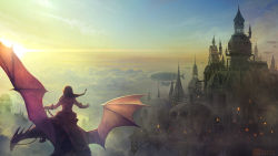 above_clouds aircraft armor black_hair building cloud commentary_request dawn dirigible dome dragon facing_away fantasy fog from_behind gloves highres long_hair long_sleeves morning outdoors outstretched_arms pointy_ears riding sachi_(yumemayoi) scenery sky solo sunrise wide_shot