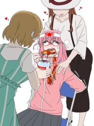 3girls amogan bandana black_skirt blonde_hair blue_eyes bocchi_the_rock! brown_hair chair crying dress fan_1-gou fan_2-gou feeding folding_chair force-feeding gotoh_hitori green_dress hand_on_another&#039;s_shoulder hat headband heart holding holding_jar jar long_hair long_skirt long_sleeves medium_hair multiple_girls no_eyes on_chair pink_hair pink_track_suit pleated_skirt restrained simple_background skirt teeth tongue track_suit upper_teeth_only white_background white_bandana