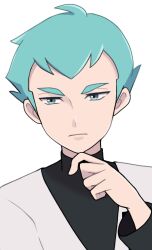 Rule 34 | 1boy, archer (pokemon), black shirt, closed mouth, green eyes, green hair, hand up, highres, jacket, male focus, nakikot t, nintendo, pokemon, pokemon hgss, shirt, short hair, simple background, solo, upper body, white background, white jacket