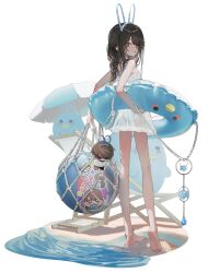1boy 1girl animal_ears anklet artist_name ball bare_shoulders barefoot beach beach_chair beach_umbrella beachball bikini bird blue_bikini blue_bird blush bound braid brown_hair chibi feet full_body hair_ornament highres holding holding_swim_ring honjou_ruri honnryou_hanaru innertube jewelry kneepits long_hair long_legs looking_at_viewer original rabbit_ears sand see-through_clothes sidelocks single_braid skinny soles standing swim_ring swimsuit tied_up_(nonsexual) toes tongue tongue_out umbrella