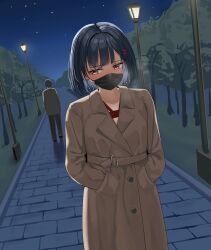 1boy 1girl absurdres black_hair blush brown_coat brown_eyes buttons coat exhibitionism hair_ornament hairpin hands_in_pockets highres jiang_qian_xiao lamppost long_sleeves medium_hair night night_sky original outdoors public_indecency shibari shibari_under_clothes sky solo_focus star_(sky) starry_sky stealth_bondage tree variant_set walking