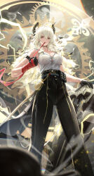 Rule 34 | 1girl, absurdres, arm strap, black choker, black gloves, black horns, black pants, blonde hair, breasts, button gap, choker, collarbone, commentary, curled horns, dixo (user srff3835), earrings, gloves, hair between eyes, high-waist pants, highres, horns, jewelry, key earrings, large breasts, long hair, looking at viewer, mole, mole on breast, mouth hold, necktie, necktie around wrists, no bra, pants, red eyes, red necktie, shield, shirt, shirt tucked in, solo, tight clothes, tight pants, torn clothes, torn shirt, white shirt, wuthering waves, zani (wuthering waves)