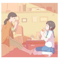 2girls 55bata6rou bed bedroom black_eyes black_hair blue_sailor_collar blue_skirt border closed_eyes closed_mouth cup drinking eating food from_side full_body green_neckerchief green_pajamas hands_up hibike!_euphonium highres holding holding_cup holding_food indoors kitauji_high_school_uniform long_hair long_sleeves looking_at_another multiple_girls nakaseko_kaori neckerchief ogasawara_haruka on_bed on_floor pajamas picture_frame pleated_skirt rug sailor_collar school_uniform shelf shirt short_hair short_sleeves sitting skirt slice_of_life smile table white_border white_shirt