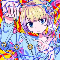 1girl :d blonde_hair blue_eyes blue_hair blue_serafuku blunt_bangs border bow chouzetsusaikawa_tenshi-chan colored_tips hair_bow highres itomakirichan looking_at_viewer multicolored_hair multicolored_nails multiple_hair_bows needy_girl_overdose open_mouth ornate_border pendulum pien_cat_(needy_girl_overdose) pink_hair pointing quad_tails saturated school_uniform serafuku smile solo speech_bubble toy