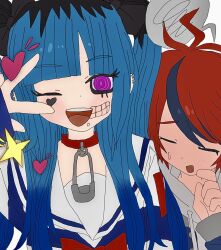 1boy 1girl ahoge amemiya_darumi black_hair blue_hair closed_eyes eyelashes face_piercing hand_up heart highres lip_piercing long_hair looking_at_viewer makeup messy_hair multicolored_hair one_eye_closed open_mouth piercing pink_eyes red_hair runny_makeup star_(symbol) sumino_takumi the_hundred_line_-last_defense_academy- twintails upper_body